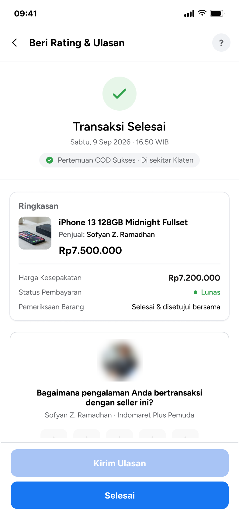 Transaction complete with an optional rating card