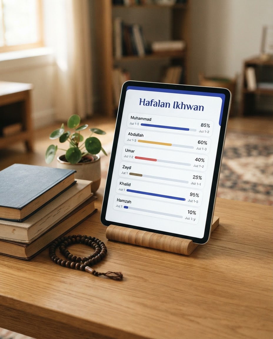Tablet on a study table showing the Hafalan Ikhwan progress dashboard