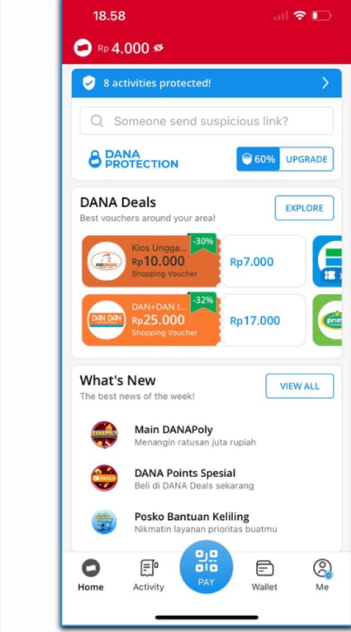 DANA app home screen with DANA Protection and deals