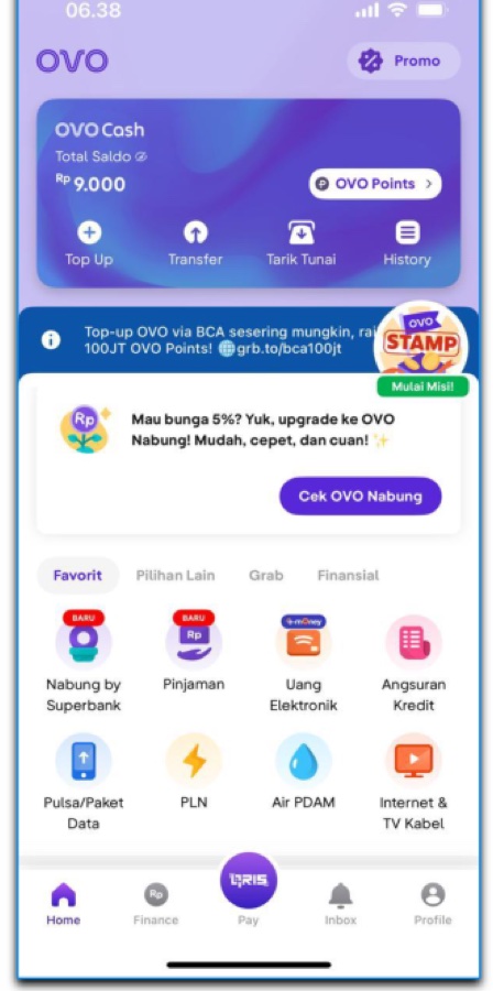 OVO app home screen with OVO Cash and quick actions